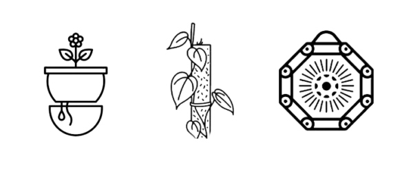 self watering pot, wall planter, vertical gardening, moss pole icon designed by tropicalplantkit.com