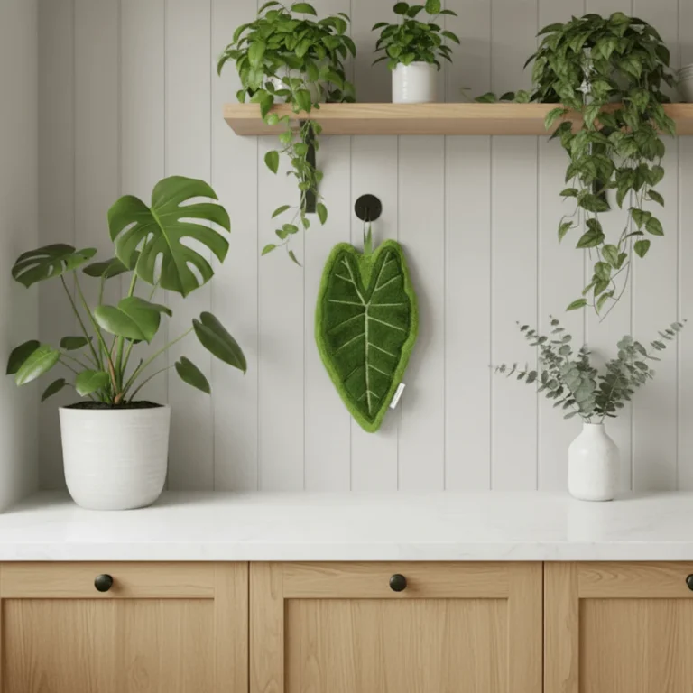 Leaf Shape Hanging Hand Towel for Kitchen or Bathroom Green Alocasia Leaf