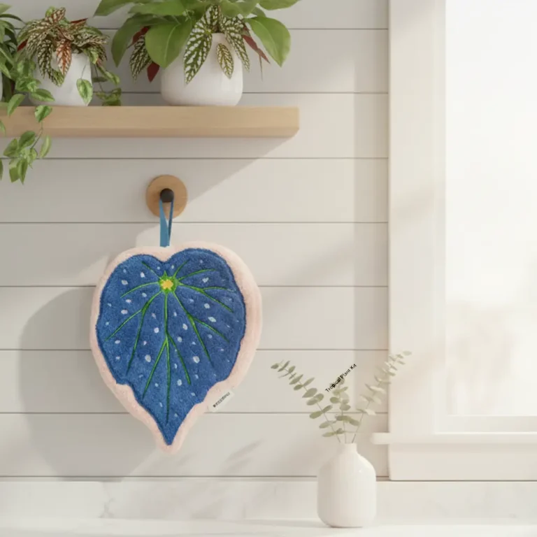 Blue Begonia Leaf Coral Fleece Absorbent Hanging Towel