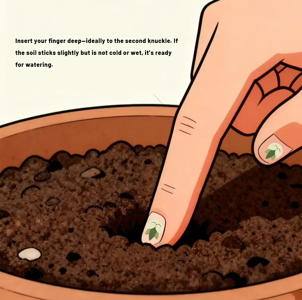 When should you water your monstera plants? Insert your finger deep—ideally to the second knuckle. If the soil sticks slightly but is not cold or wet, it’s ready for watering.