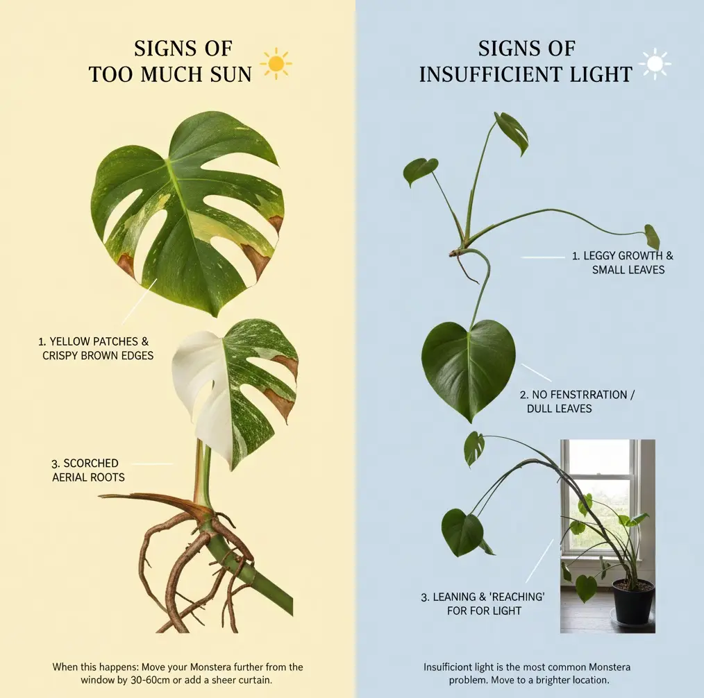 Sign of too much or too less light for Monstera (Leggy leaf monstera)