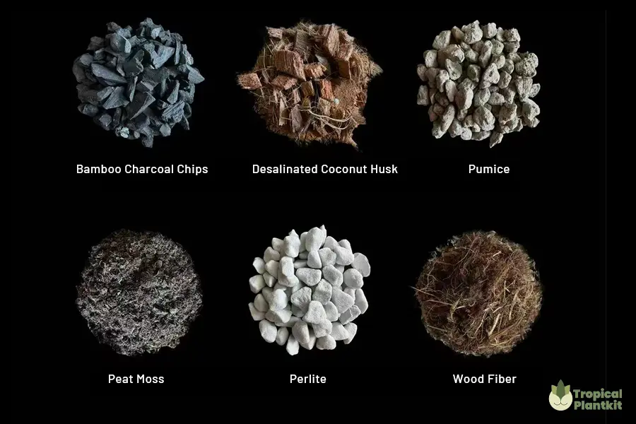 A flat-lay display of nine potting mix ingredients commonly used for aroid plants, including bamboo charcoal chips, coco husk chips, pumice, peat moss, perlite, imported wood fiber, diatomaceous earth, pine bark fiber, and castanopsis leaves, arranged in a 3×3 grid on a black background.