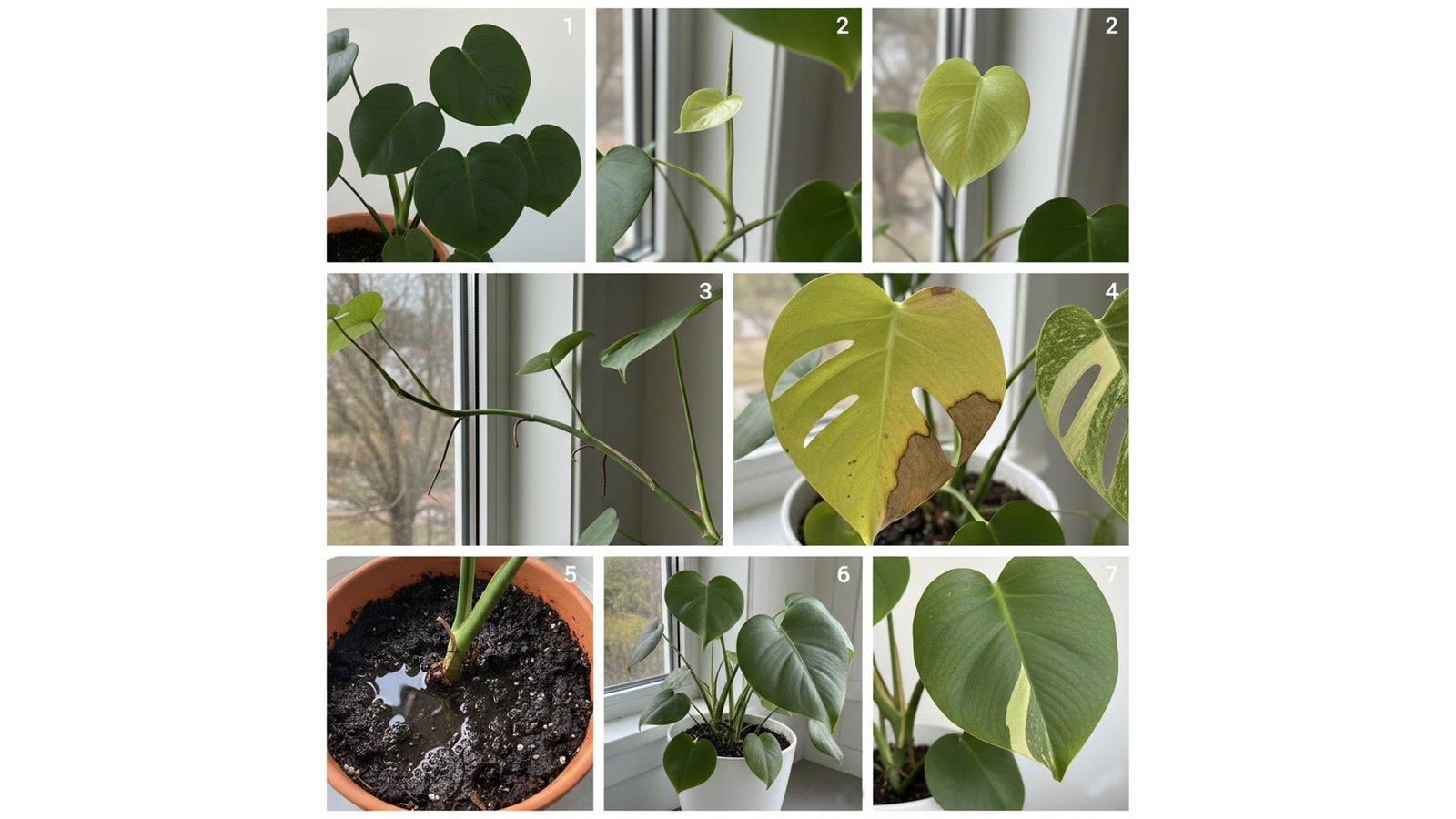 Before-and-after comparison of a Monstera’s growth, showing a pale, sparse plant versus a lush, fenestrated plant after using a grow light