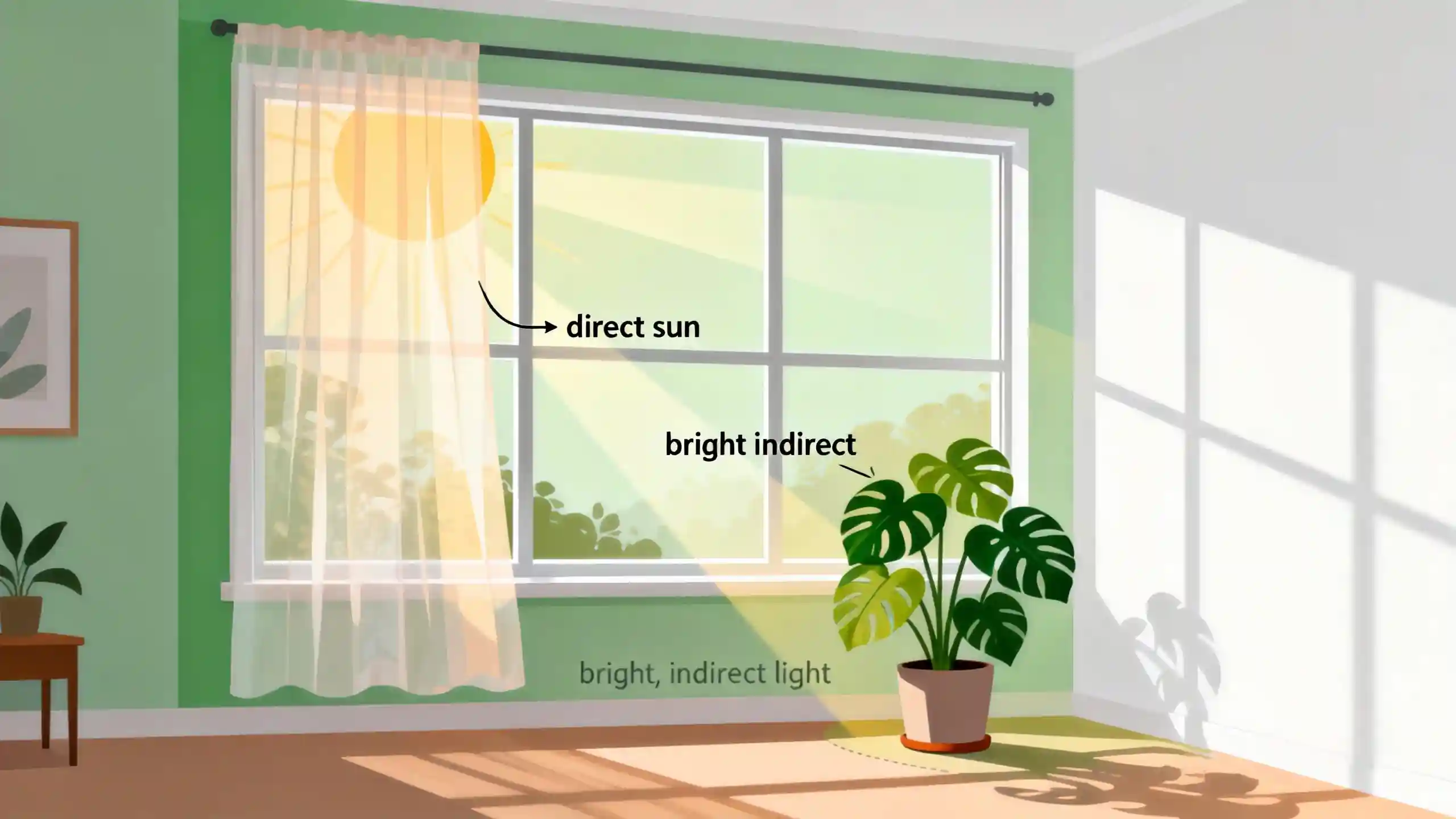 Diagram of a Monstera placed in bright, indirect light inside a room, with labels showing the difference between direct sun and bright indirect light