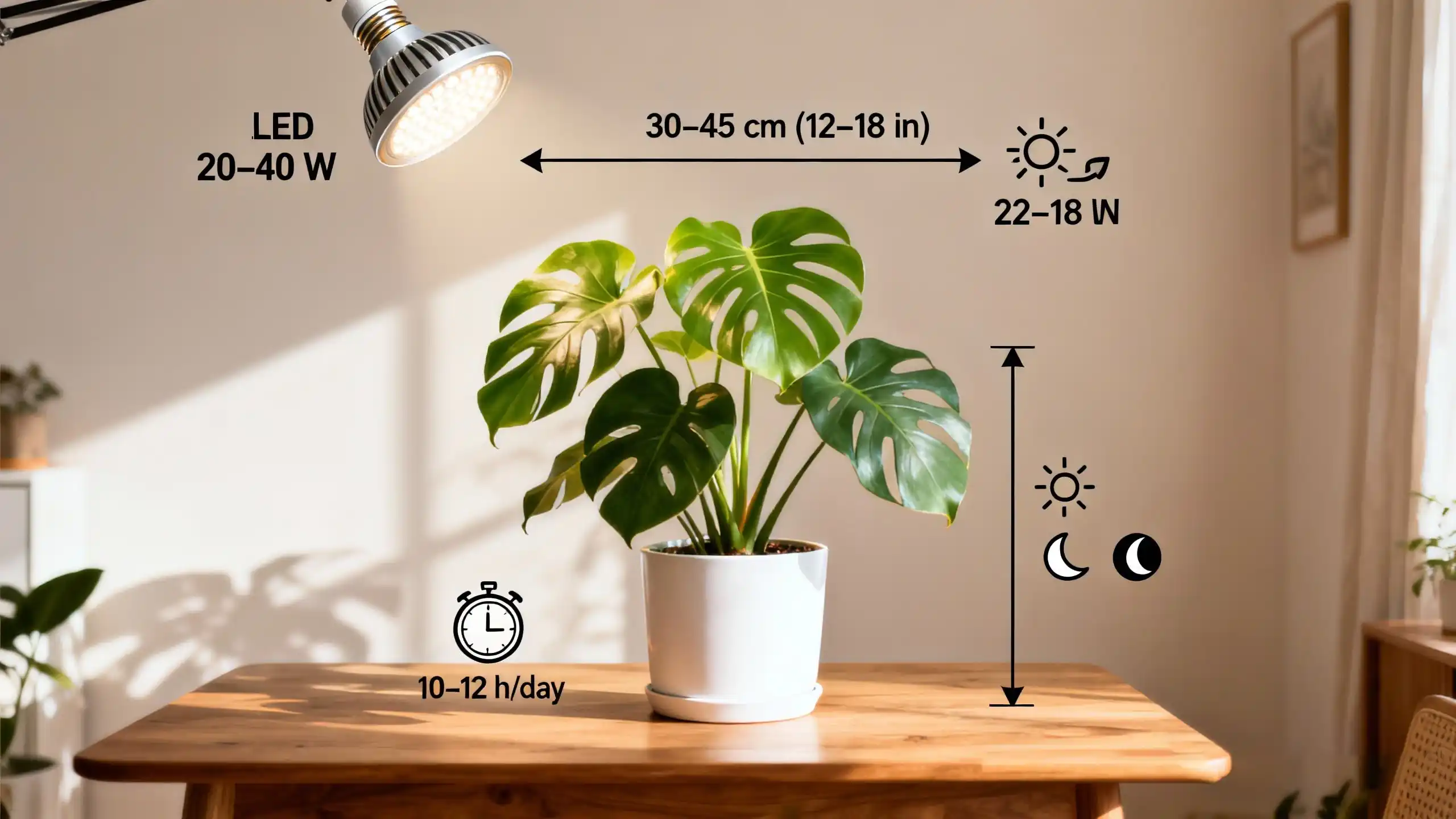 Infographic-style image showing a Monstera under a grow light with labeled wattage, distance, and daily hours as a quick grow light cheat sheet