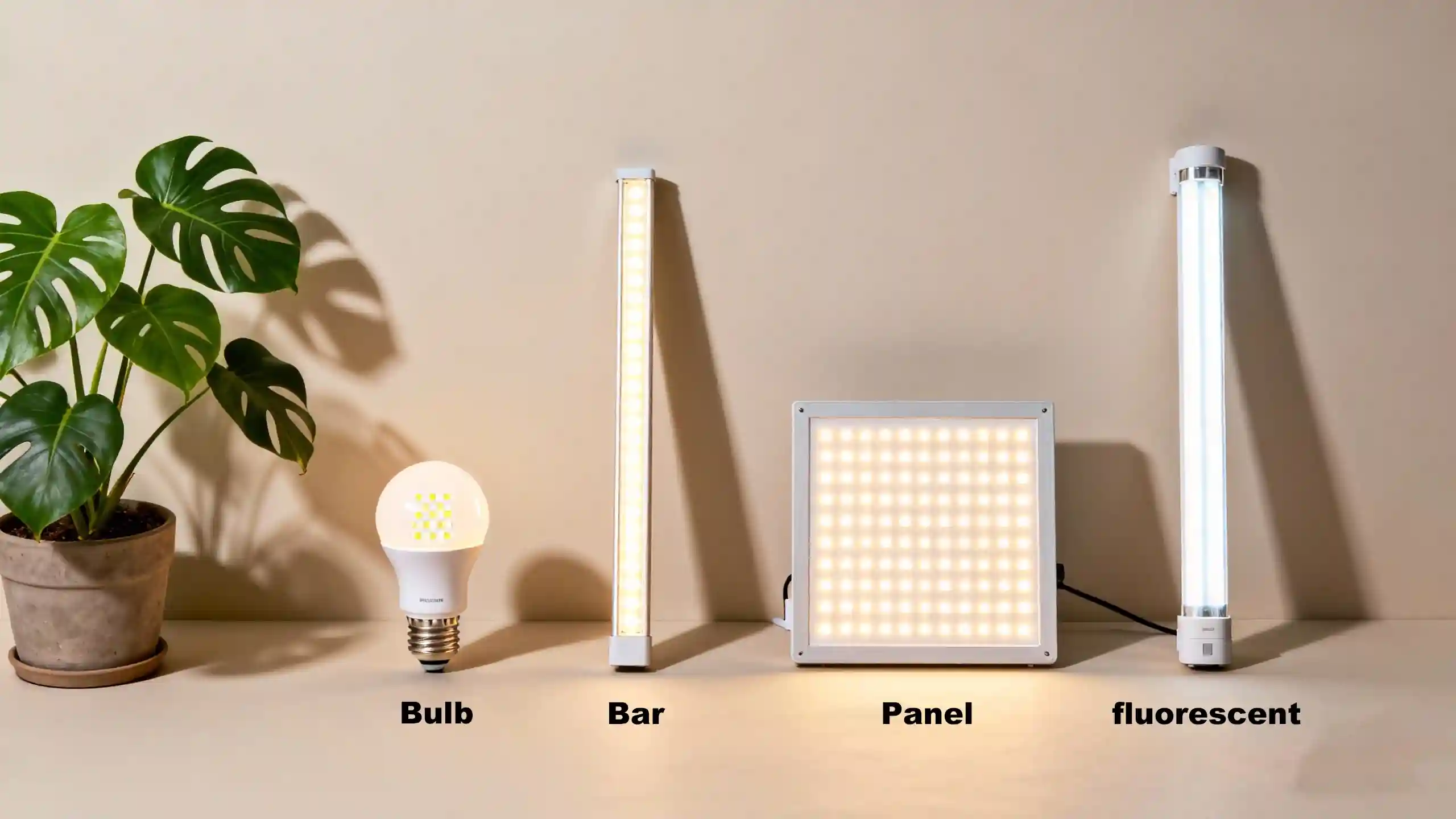 Lineup of different grow light types—LED bulb, LED bar, LED panel, and fluorescent tube—displayed next to a potted Monstera