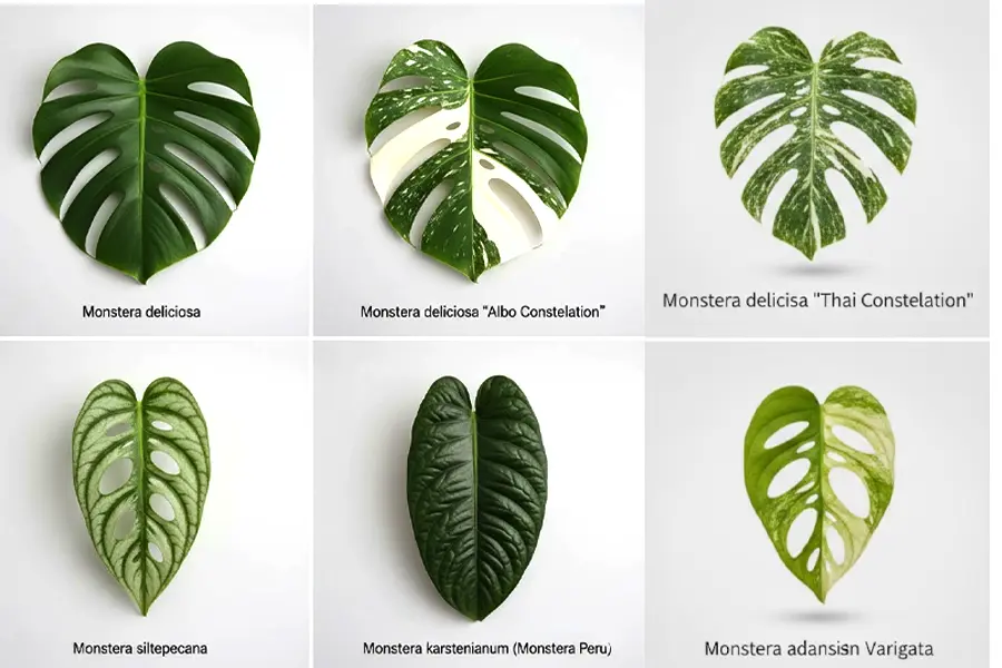 Monstera leaf identification chart showing 10 varieties including Deliciosa, Thai Constellation, Albo, Adansonii, and Dubia.