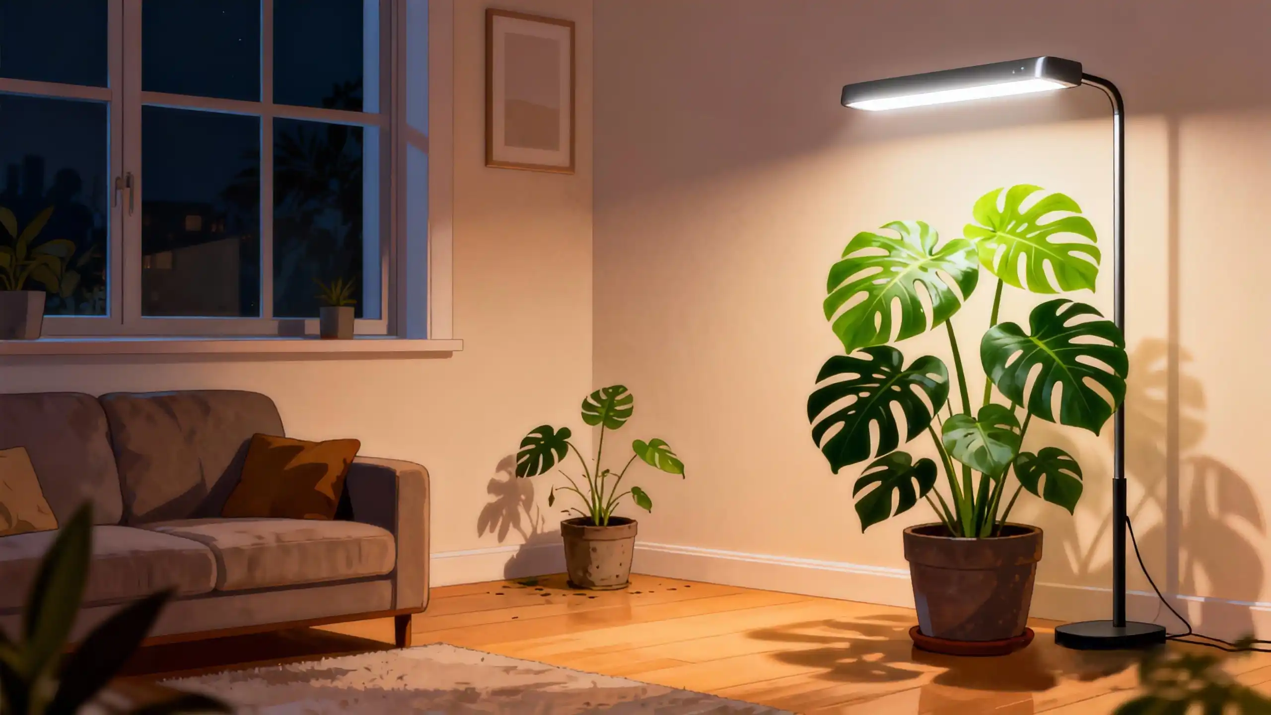 Before-and-after comparison of a Monstera’s growth, showing a pale, sparse plant versus a lush, fenestrated plant after using a grow light