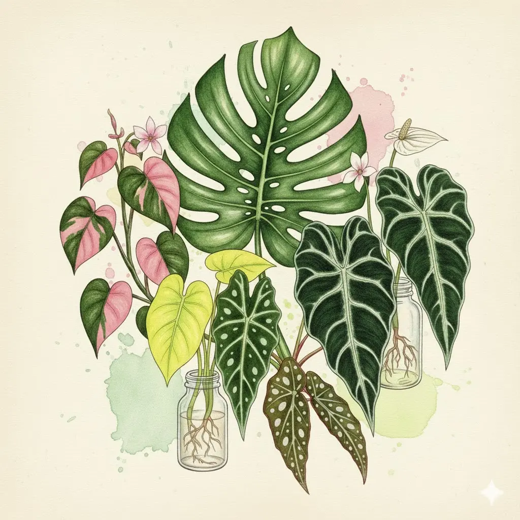 Draw a colorful botanical illustration featuring plants from the following series: Philodendron series (Philodendron 'Pink Princess', Philodendron 'Neon'), Anthurium (Anthurium crystallinum, Anthurium 'Papi'), Alocasia, Begonia, and Monstera deliciosa.