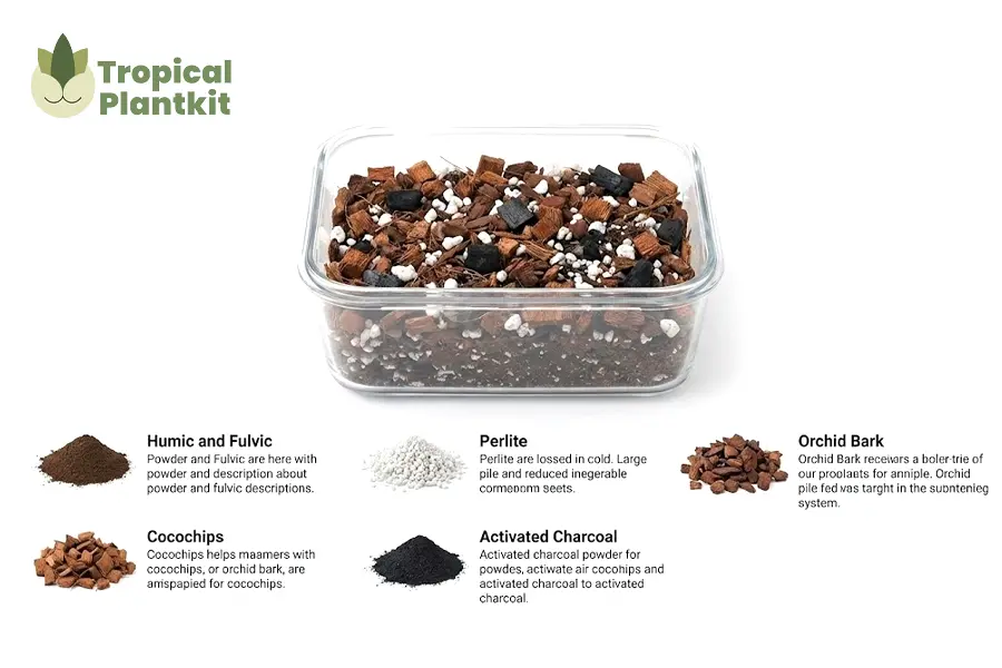 This plant needs airy, breathable soil with good water-holding capacity. 30% orchid bark or coco chips30% perlite or pumice
20% sphagnum moss
10% charcoal
10% worm castings