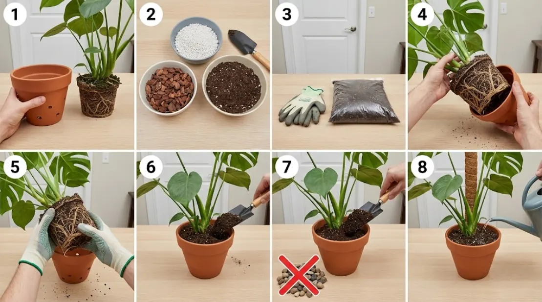 Eight-step visual sequence for repotting a Monstera deliciosa with minimal shock