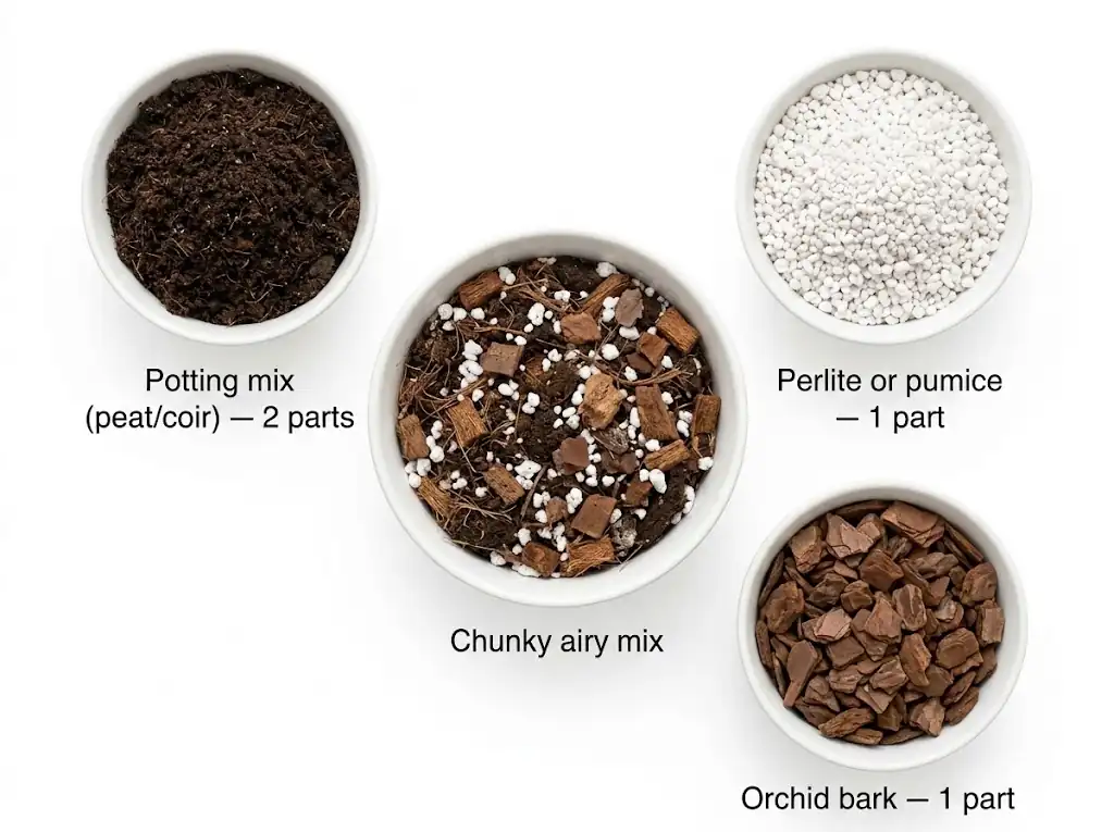 Ingredient layout showing the recommended Monstera potting mix ratios with bark and perlite for aeration