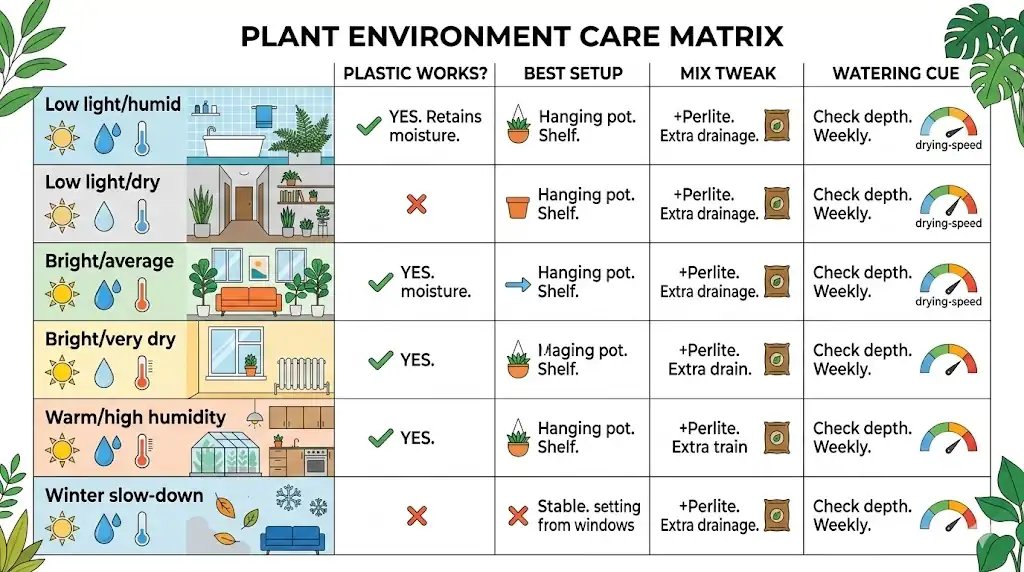 Decision matrix linking home conditions like low light or dry air to plastic or terracotta pot choices and mix tweaks
