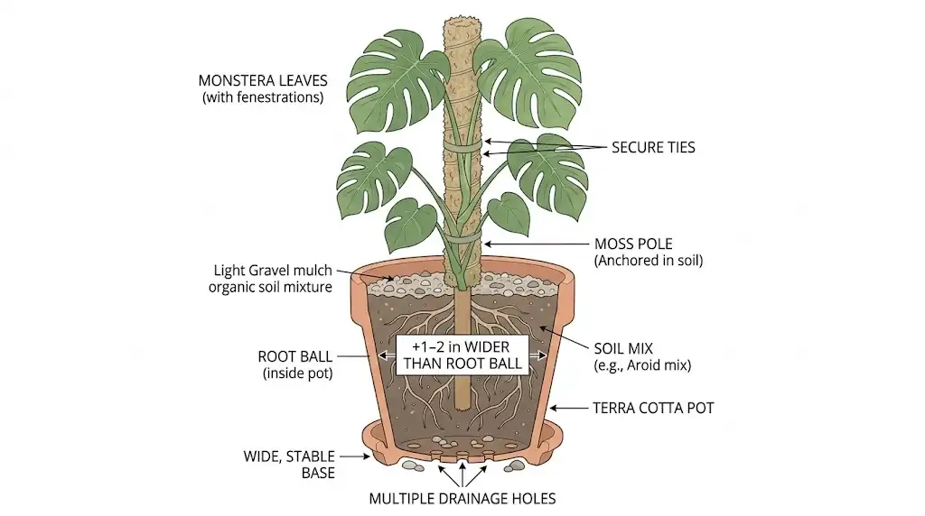 Annotated diagram highlighting drainage holes, proper pot sizing, and a stable base for a Monstera support pole