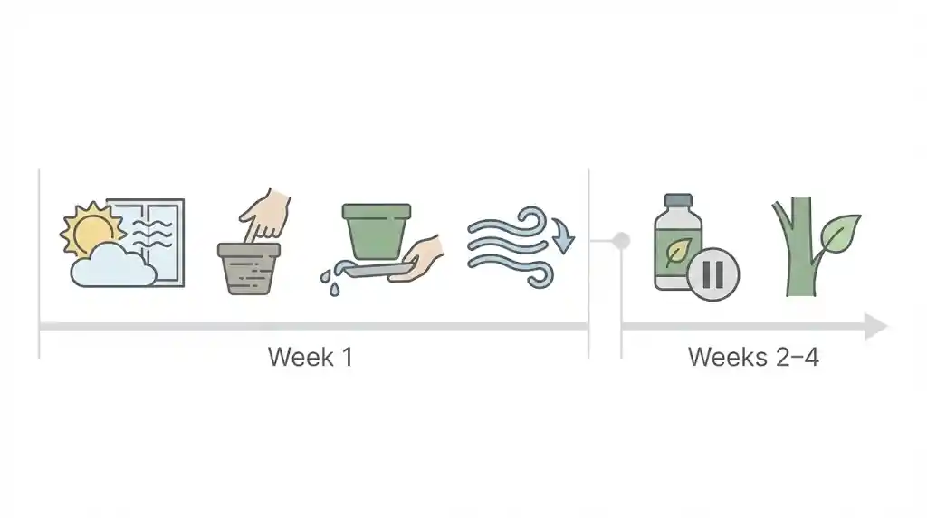 Four-week timeline showing light, watering checks, and fertilizer pause after repotting a Monstera