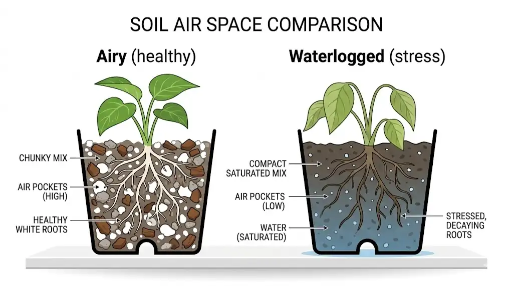 Cross-section comparing an aerated potting mix with air pockets versus a waterlogged mix with low oxygen around roots