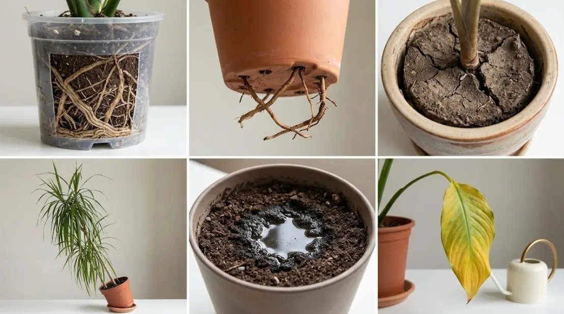 Six-panel checklist showing rootbound roots, roots from drainage holes, fast drying mix, top-heavy plant, soggy compacted mix, and chronic yellowing/droop