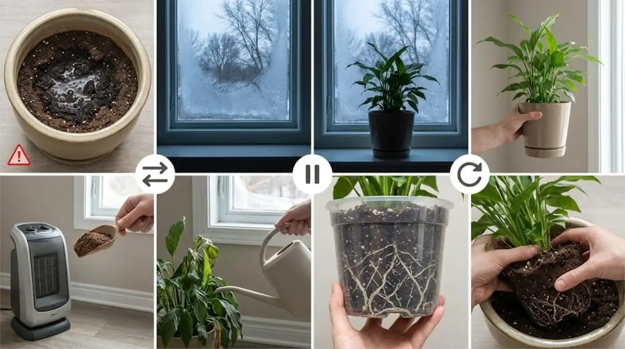 Warning montage showing overpotting risk, winter low light, recent stress, and unnecessary full repot, with safer alternatives