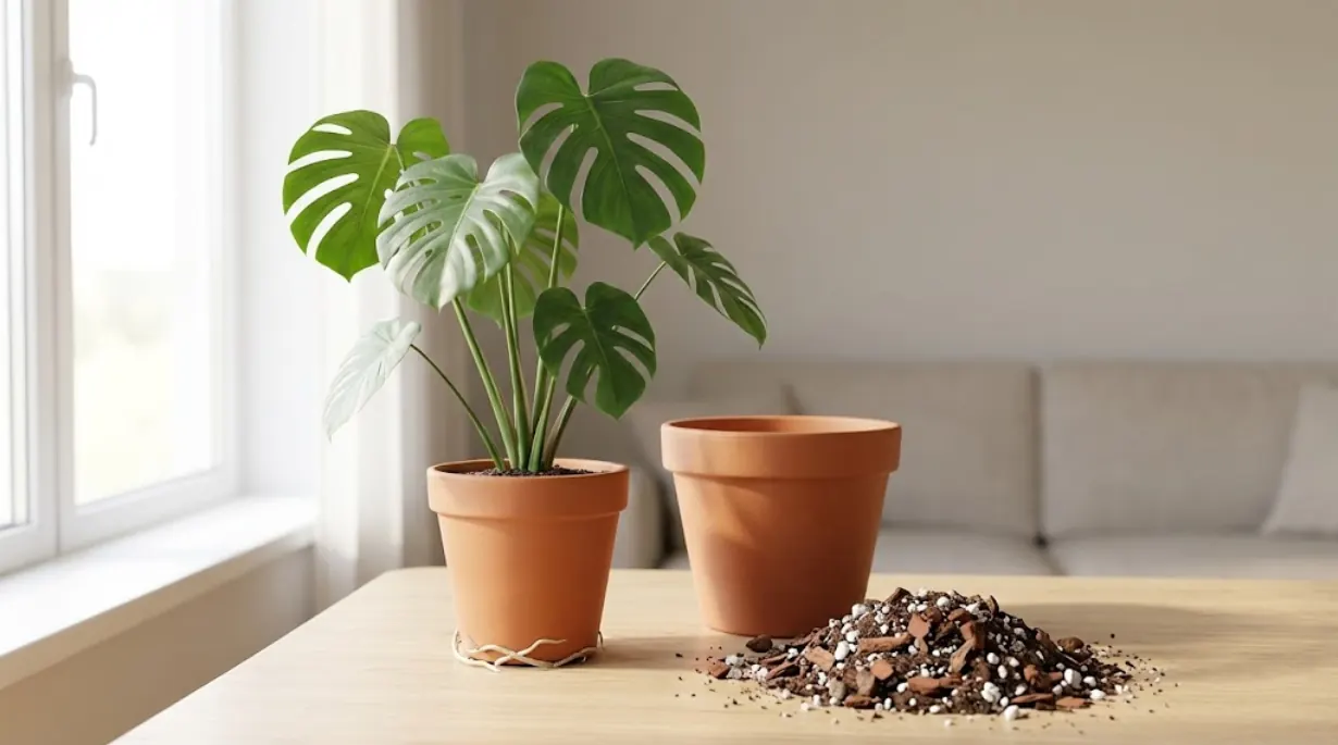Healthy Monstera deliciosa beside two pot sizes showing the safe one-size-up repot choice