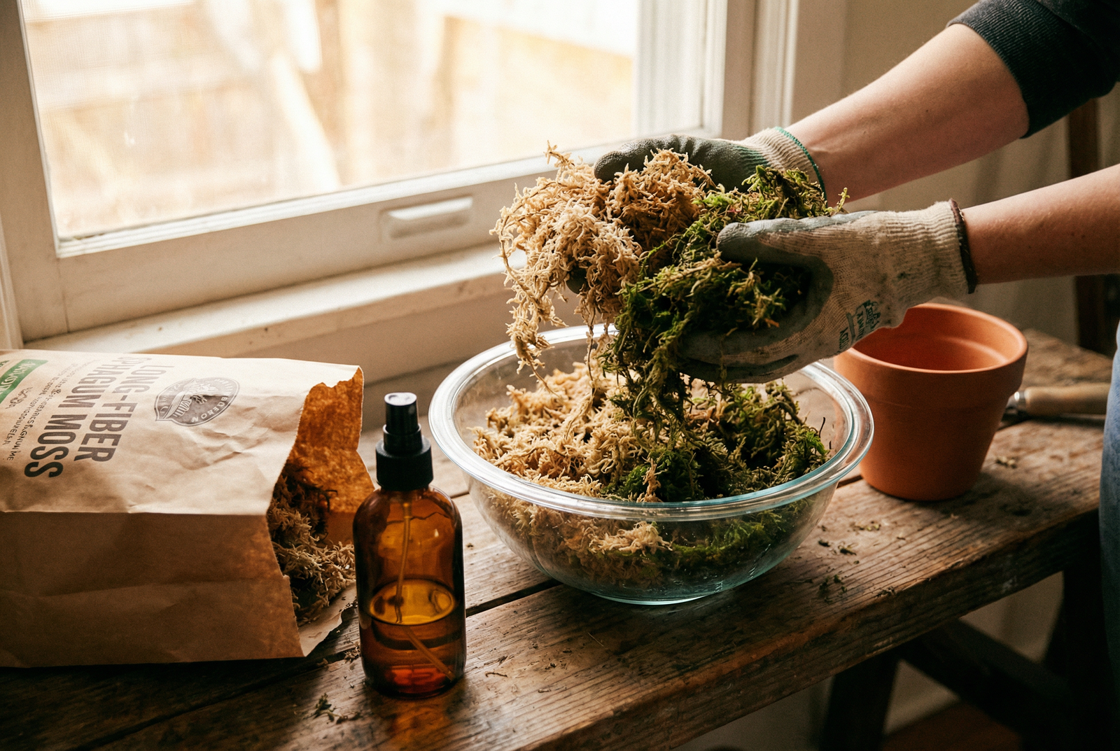 Hands preparing sphagnum moss in a bowl of water