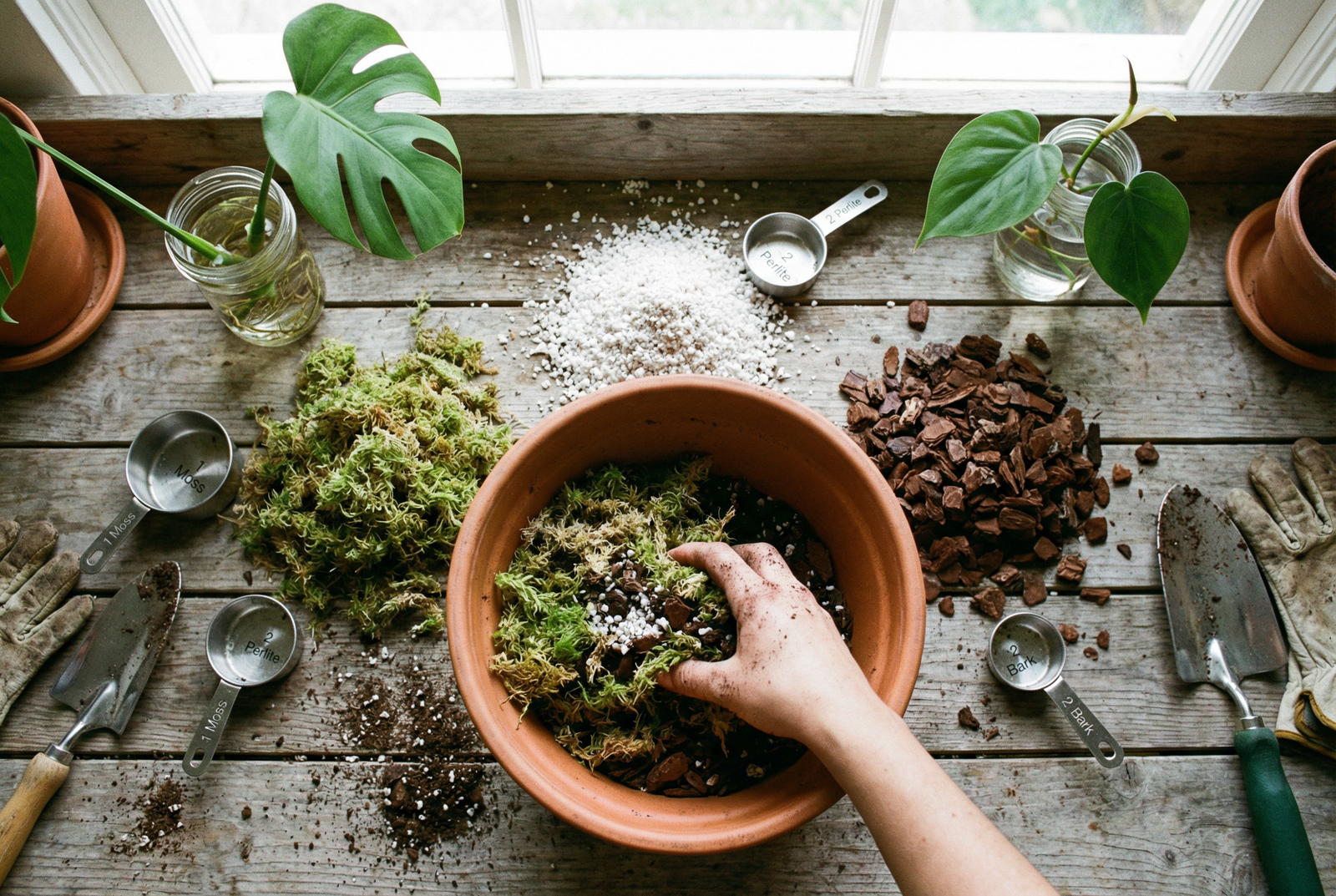 Mixing sphagnum moss, perlite, and bark on a potting bench