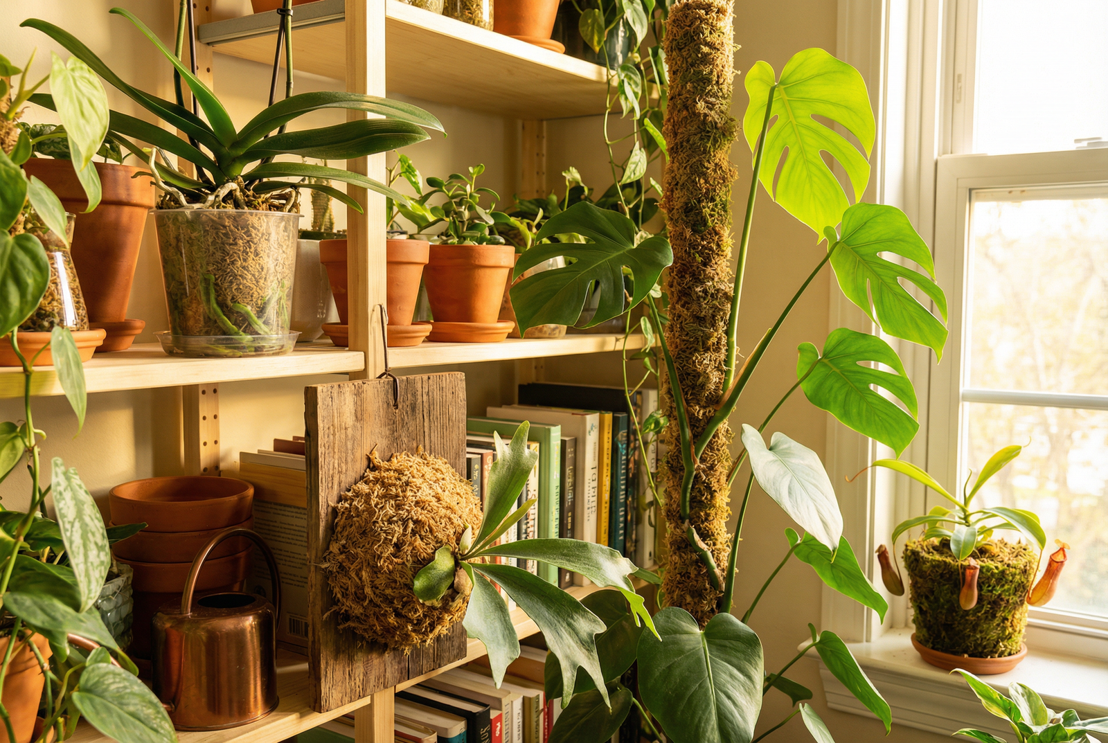 Indoor plant shelf with orchids, monstera on moss pole, and staghorn fern