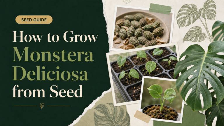 How to grow Monstera deliciosa from seed featured guide cover with seeds and seedlings