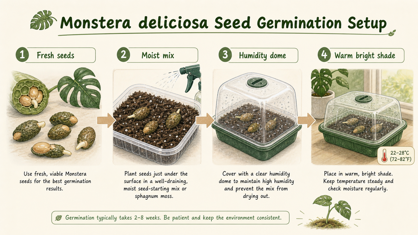 Monstera deliciosa seed germination setup with fresh seeds, moist mix, humidity dome, and warm bright shade