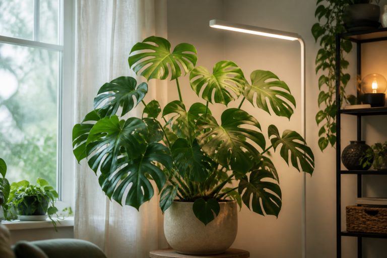 Healthy Monstera gradually acclimating to a slim LED grow light beside a filtered window.