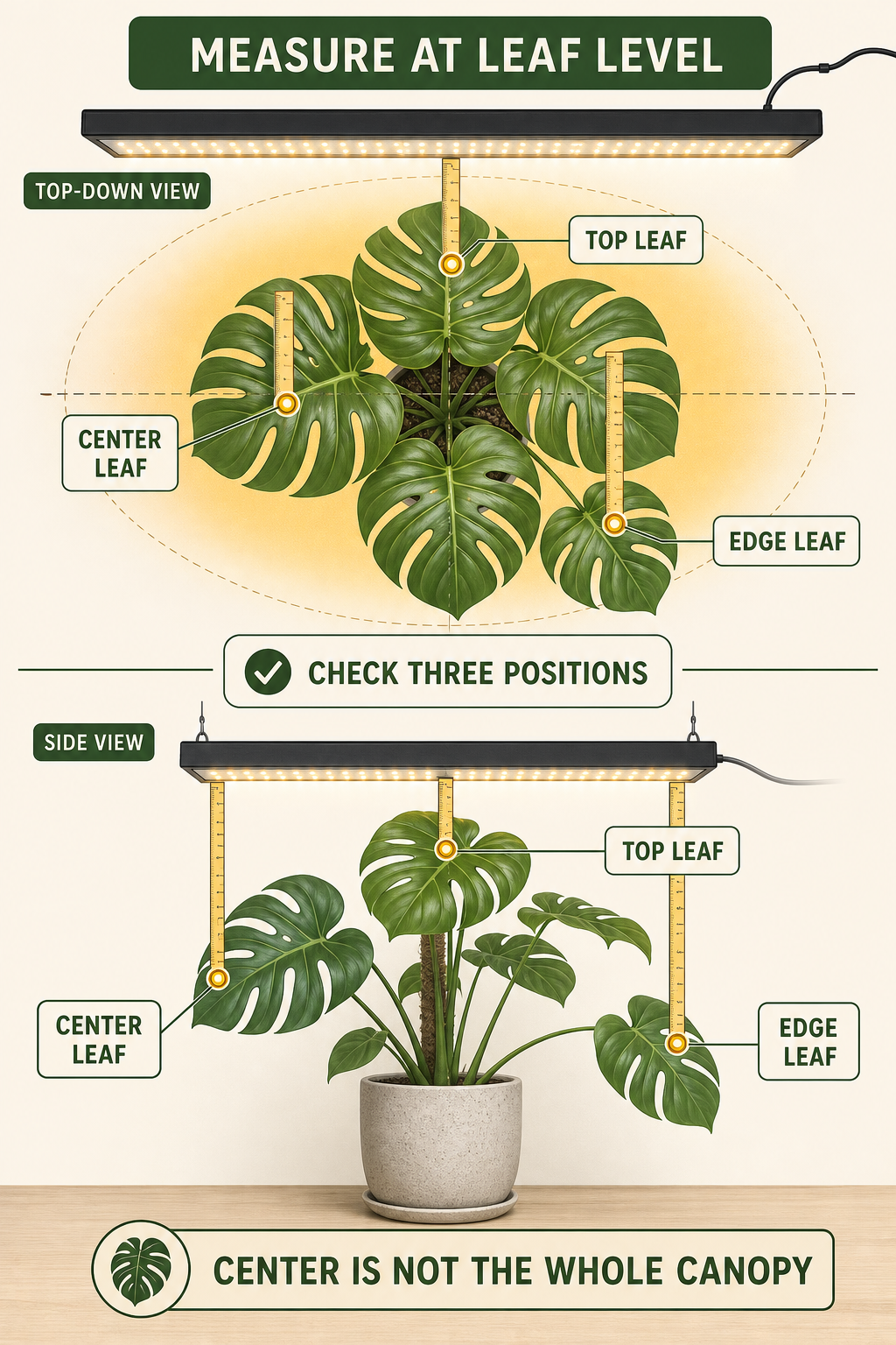 Diagram showing top, center, and edge leaf positions for measuring Monstera grow-light distance at canopy level.