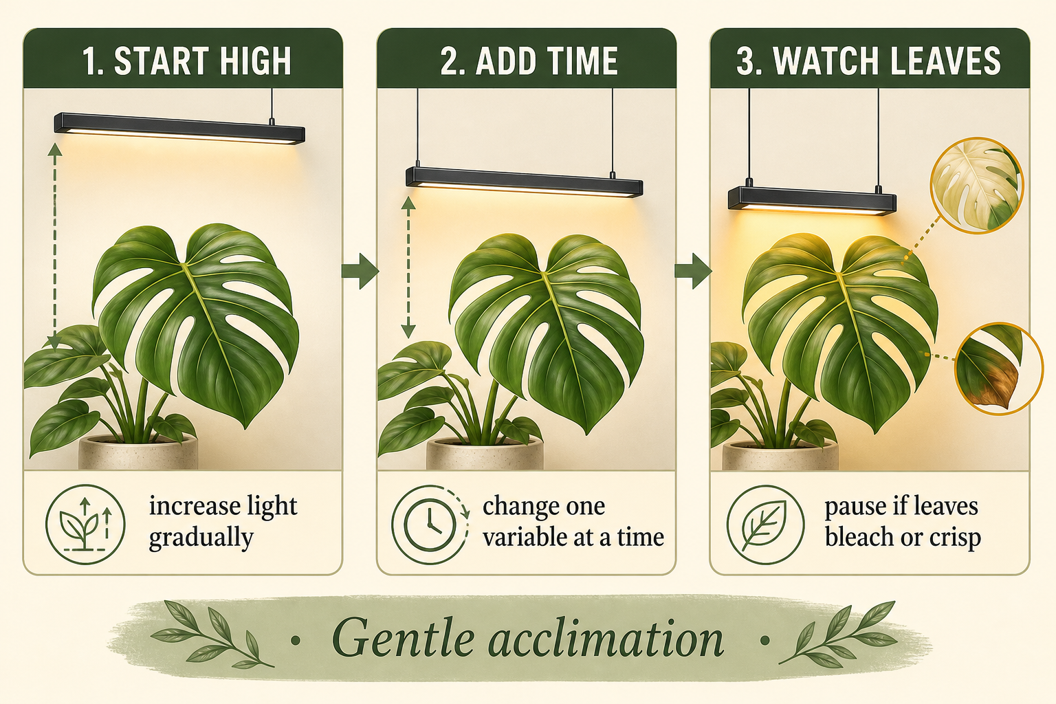 Three-step infographic showing a Monstera starting high, adding light time, and watching its leaves.