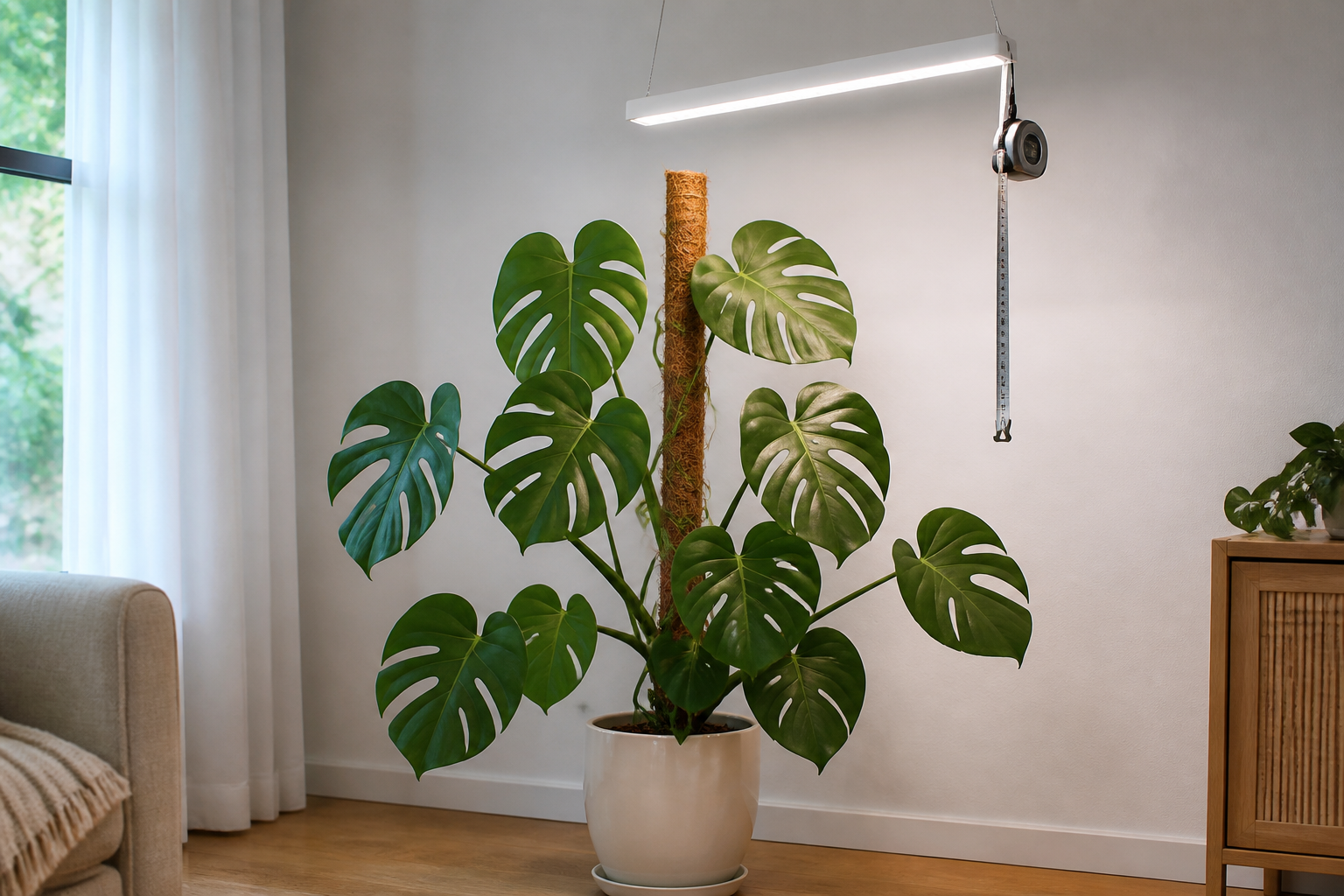 A Monstera on a moss pole under a white LED bar light with a tape measure near the canopy