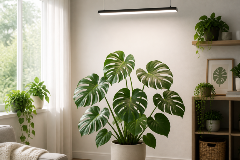 Healthy Monstera with a clear air gap beneath an adjustable LED grow light beside a filtered window.