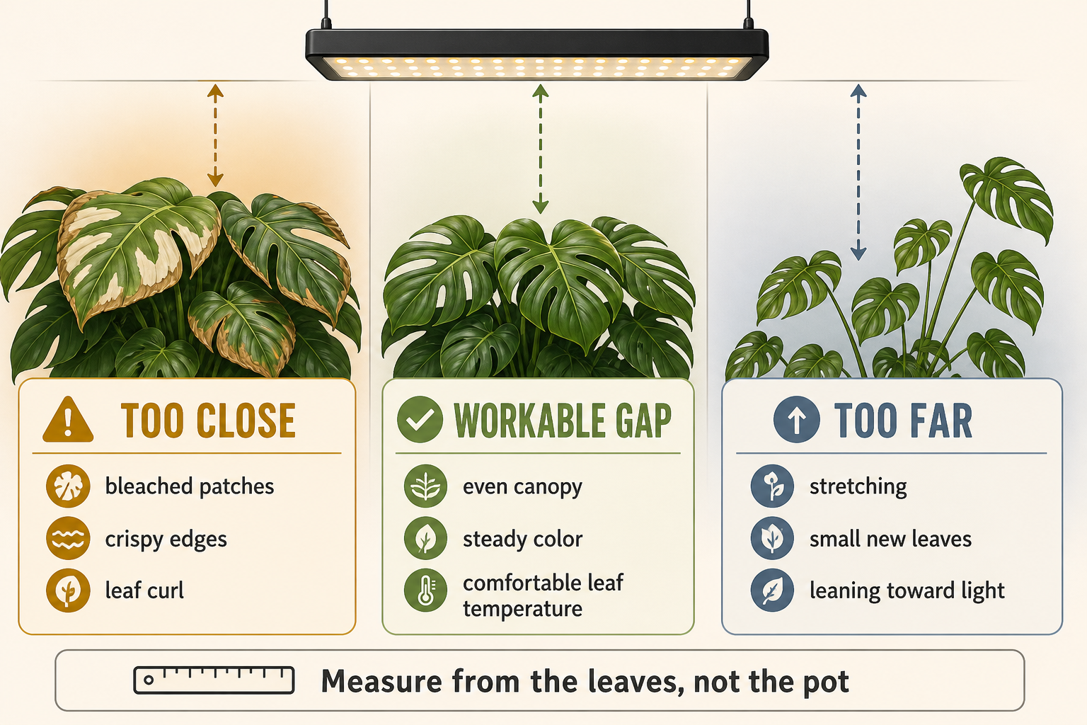 Infographic comparing too-close, workable-gap, and too-far grow-light positions for a Monstera.
