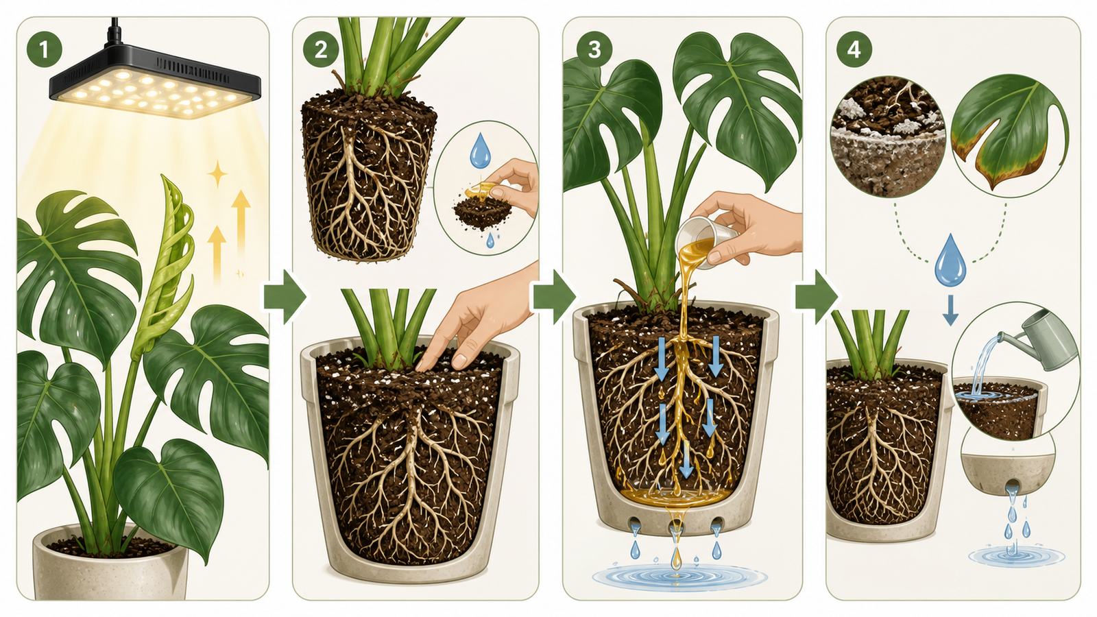 Educational diagram linking active Monstera growth, careful feeding, and salt buildup prevention under grow lights