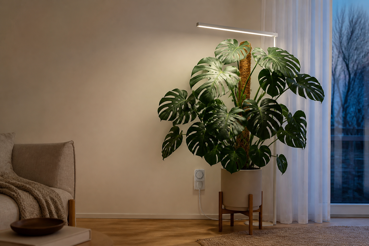 Mature Monstera on a moss pole beside a winter window, receiving even supplemental light from a slim LED bar.