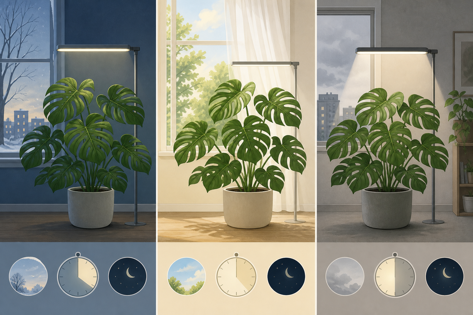 Three-panel illustration of a Monstera under supplemental light in winter, bright summer, and a cloudy apartment.