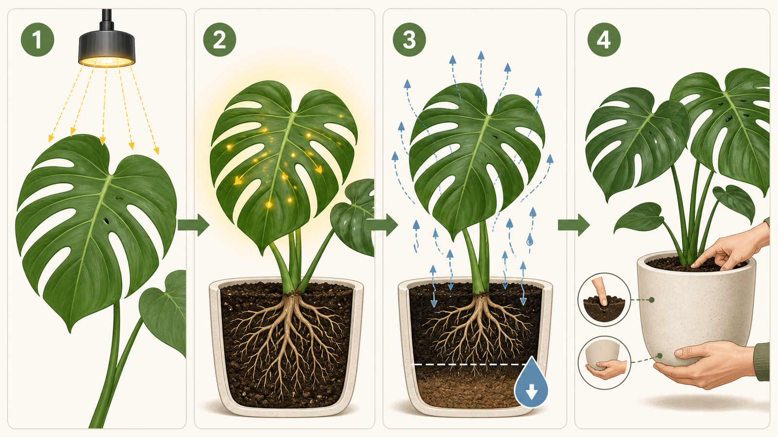Four-step diagram showing how supplemental light changes Monstera water use from light to roots