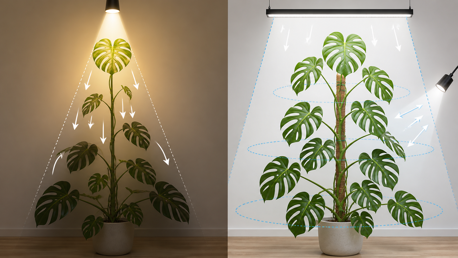 Comparison of a narrow grow-light hotspot and a balanced overhead plus side-light setup for a Monstera canopy.