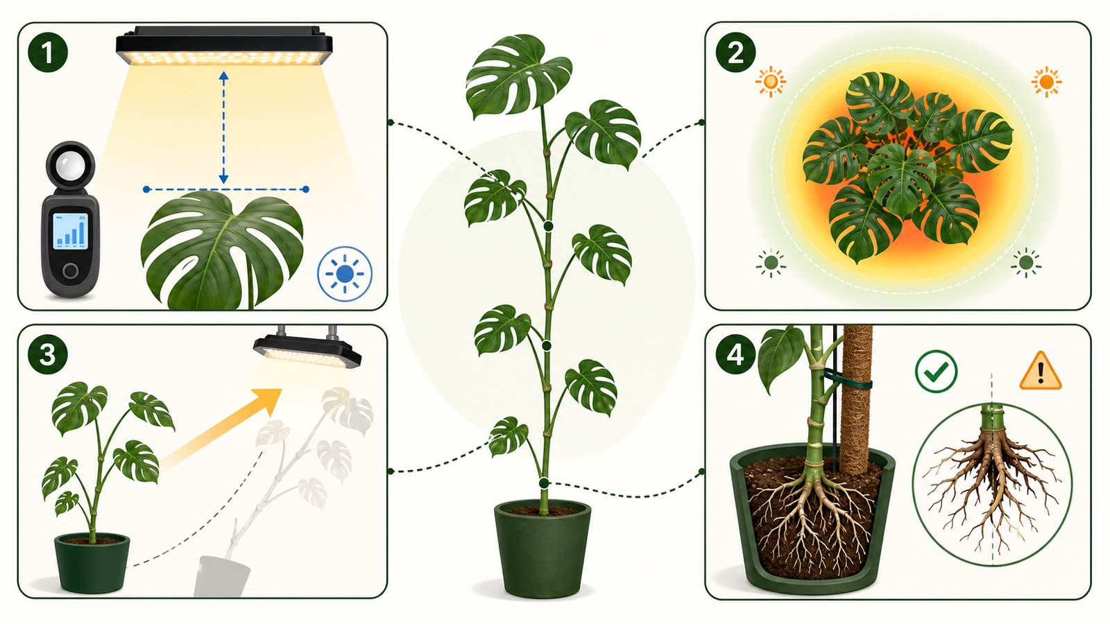 Four-part visual guide for checking light intensity, canopy coverage, orientation, and support or roots on a leggy Monstera.