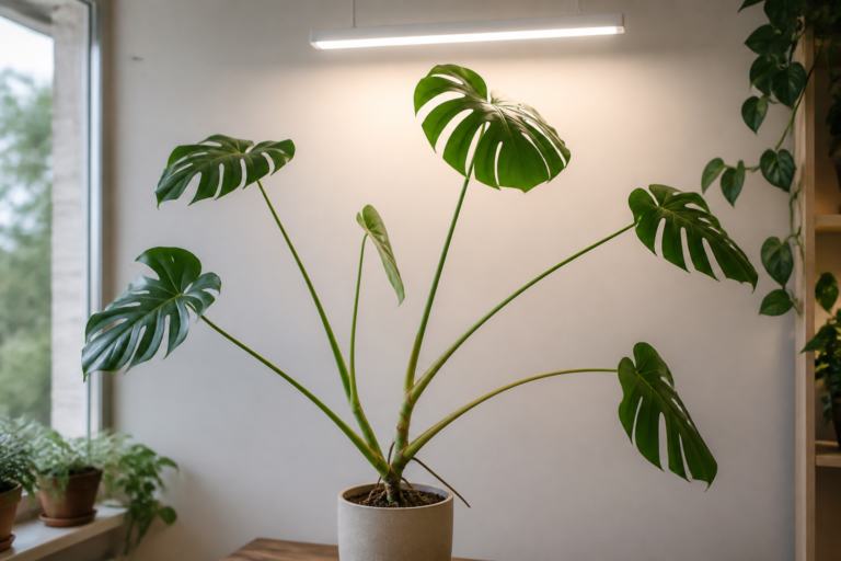 Leggy Monstera stretching under a slim LED grow light in an indoor room