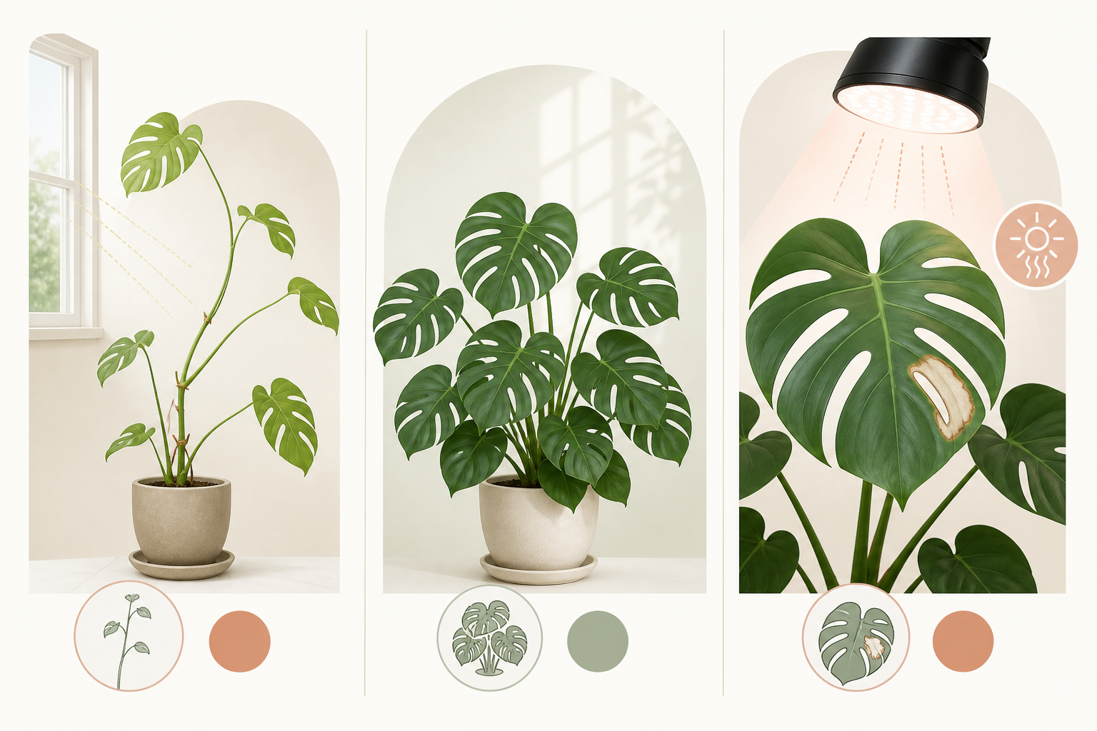 Three illustrated Monstera light scenarios: a leggy plant in low light, balanced growth, and a leaf showing excess-light damage.