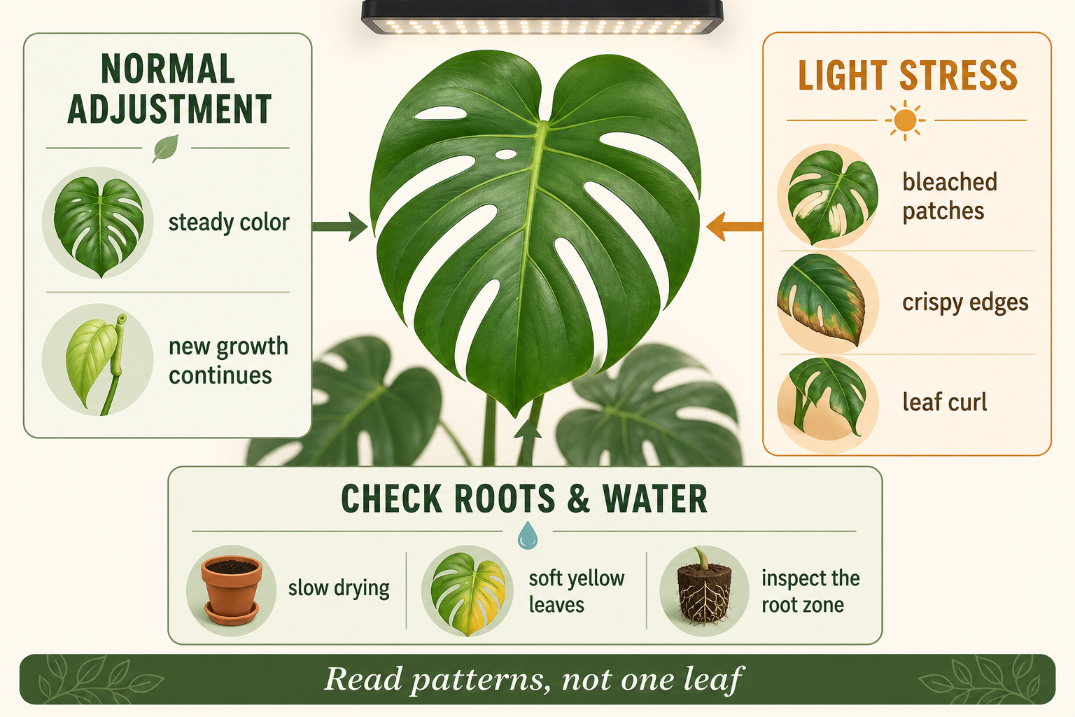 Diagnostic infographic comparing normal Monstera adjustment, light stress, and root or watering checks.