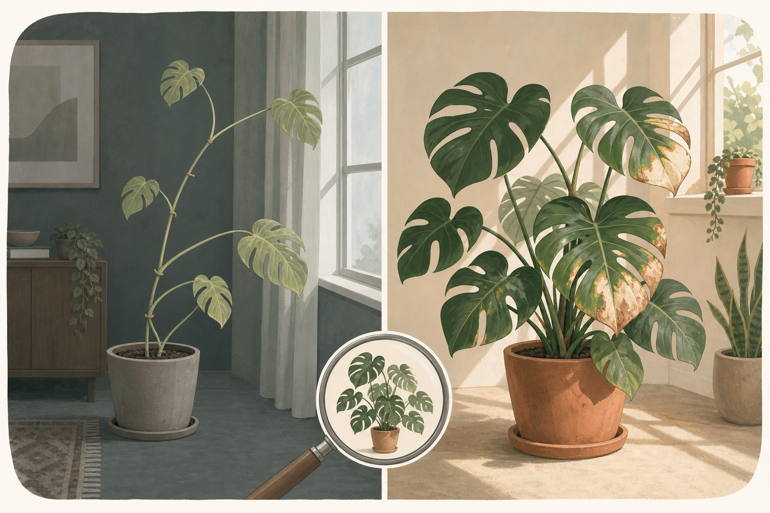 Illustrated comparison of a stretched pale Monstera in low light and a Monstera with sun-bleached leaves in harsh direct light.