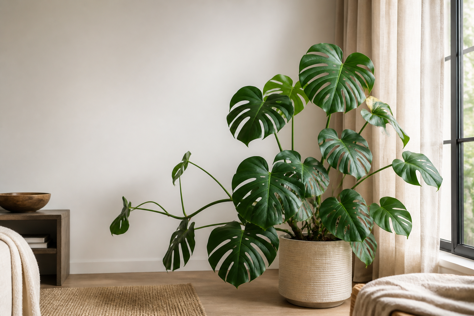 Mature Monstera deliciosa in a softly lit apartment beside a window with a sheer curtain.