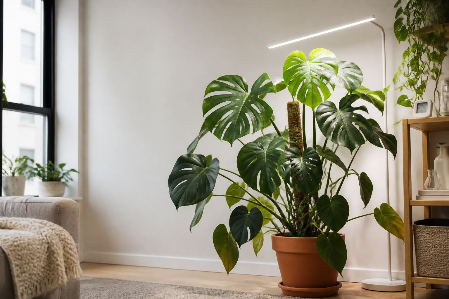 Mature Monstera deliciosa in a bright apartment receiving soft supplemental light from a slim LED grow light.