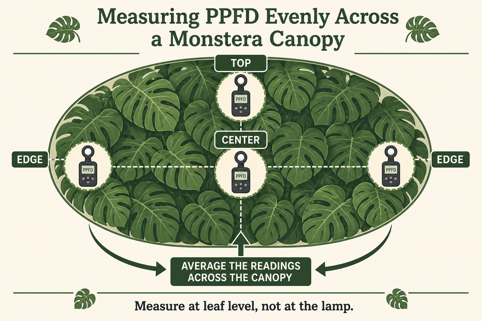 Diagram showing top, center, and edge PPFD readings averaged across a Monstera canopy.
