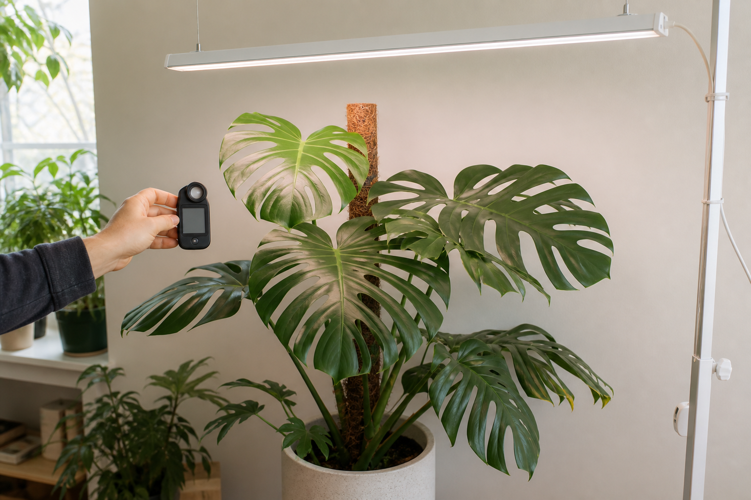 A Monstera under a white LED grow light while a hand holds a PAR meter at the top leaf canopy