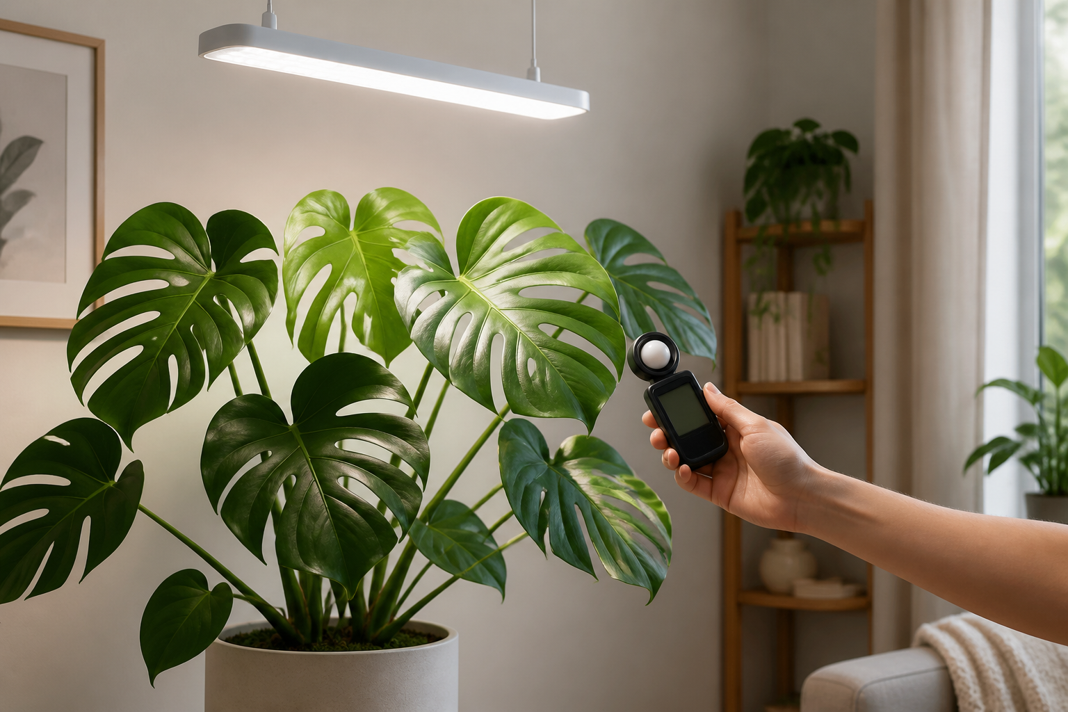 Healthy Monstera under a white LED grow light while a handheld PAR meter measures the upper leaves.