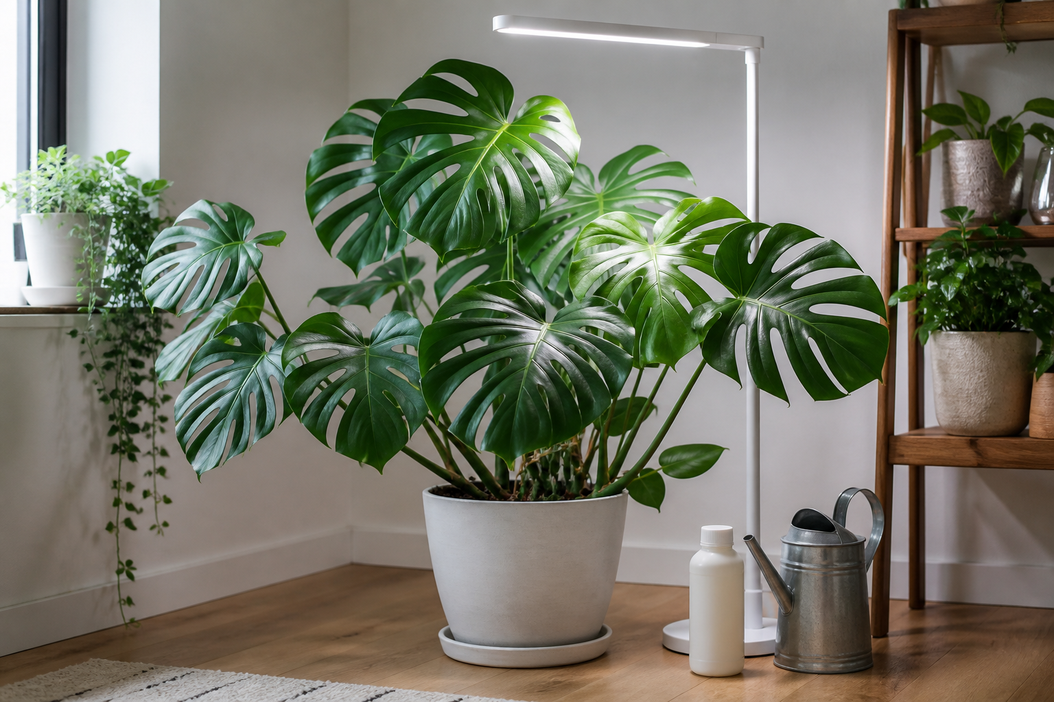 Healthy Monstera under a grow light beside a watering can and diluted fertilizer bottle
